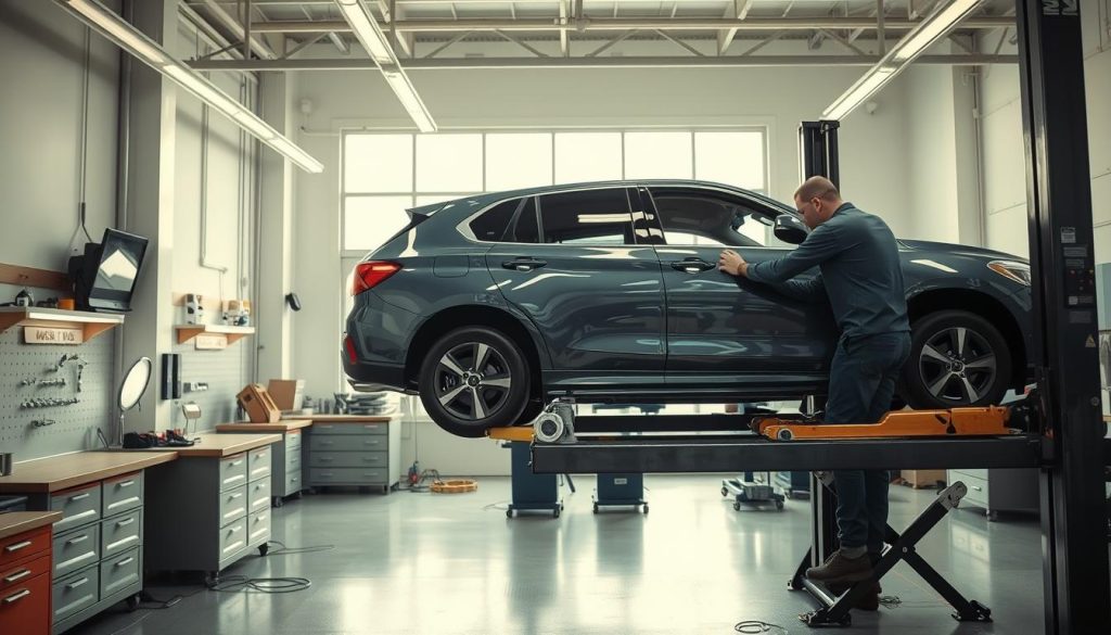 A well-lit, high-resolution photograph of a modern, state-of-the-art paintless dent repair workshop in San Antonio, Texas. The foreground features a car on a hydraulic lift, its dents and dings being skillfully repaired by a technician using specialized tools. The middle ground showcases the workshop's clean, organized workbenches and advanced equipment. The background reveals the workshop's bright, airy interior, with large windows allowing natural light to flood the space. The overall atmosphere conveys a sense of precision, efficiency, and the expert craftsmanship that is the hallmark of paintless dent repair.
