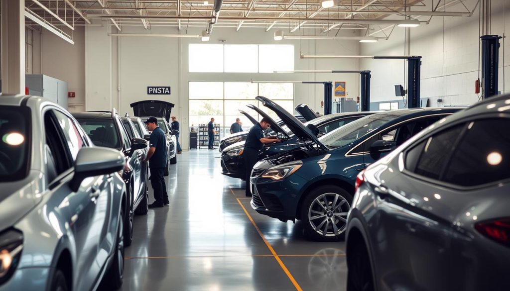 A well-lit, modern auto repair shop with two locations in San Antonio, Texas. The foreground features a row of sleek, shiny vehicles in various stages of repair, with mechanics in uniform working diligently. The middle ground showcases the clean, well-organized service bays and state-of-the-art equipment. In the background, large windows provide natural light, highlighting the professional, high-quality aesthetic of the facility. The overall atmosphere conveys a sense of efficiency, reliability, and customer-focused service, ideal for a reputable paint and body shop serving the San Antonio community.