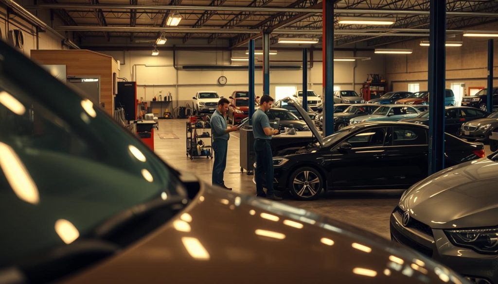 A well-lit, photorealistic scene of an auto body repair shop in San Antonio, Texas. In the foreground, a car undergoing a thorough inspection, with a technician carefully examining the damage. The middle ground features a reception area with a customer discussing the repair estimate, while the background showcases the workshop's orderly arrangement of tools, equipment, and a fleet of vehicles awaiting service. The lighting is warm and natural, creating a professional, yet inviting atmosphere. The perspective is slightly elevated, providing a comprehensive view of the entire process, from initial assessment to customer interaction. The scene conveys the step-by-step experience of obtaining an auto body estimate in San Antonio.