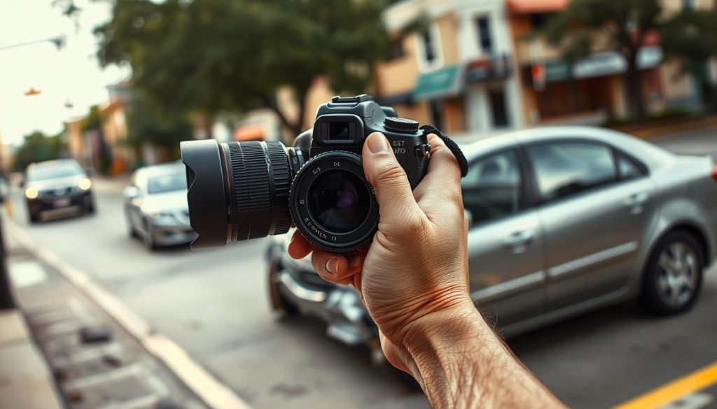 A well-lit scene of a person's hands holding a professional DSLR camera, with a damaged car in the middle-ground and the surrounding urban environment of San Antonio in the background. The camera is pointed at the car, capturing its dents, scratches, and any other visible damage. The lighting is natural, perhaps with soft shadows, creating a sense of documentation and evidence gathering. The overall mood is one of diligence and attention to detail, reflecting the need to thoroughly document the scene after a car accident.