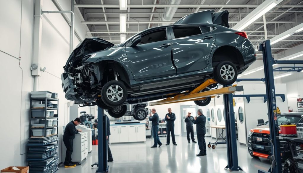 A well-lit, spacious San Antonio collision repair center, with modern equipment and skilled technicians working diligently to restore a damaged vehicle. In the foreground, a car on a lift, its panels and frame being carefully inspected and repaired. Shelves of replacement parts line the walls, while the middle ground showcases a team of professionals wielding specialized tools, meticulously addressing each aspect of the repair process. The background features an organized workspace, with state-of-the-art paint booths and a clean, organized layout that conveys a sense of professionalism and attention to detail.