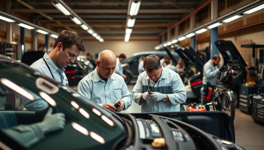A workshop filled with skilled technicians meticulously working on automobiles. In the foreground, a team of specialists examines a car's interior, their faces focused and their hands expertly handling delicate components. In the middle ground, other technicians are visible, some wielding tools to disassemble parts, others carefully reassembling complex systems. The background reveals a well-equipped, modern facility with gleaming equipment and a sense of organized efficiency. Soft, warm lighting casts a professional, trustworthy atmosphere, capturing the dedication and expertise of the technicians tasked with delivering a perfect paint match.