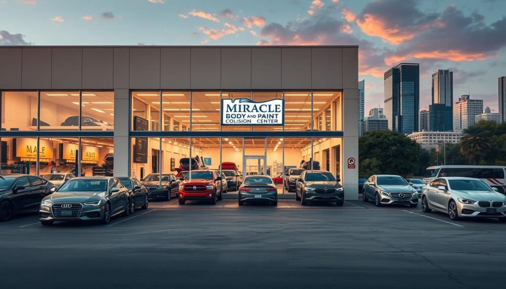 An exterior view of a modern auto repair shop in San Antonio, Texas. The facade features large, floor-to-ceiling windows showcasing the state-of-the-art equipment and skilled technicians at work. The building has a clean, streamlined design with a mix of neutral tones and accents of the company's signature color. In the foreground, the parking lot is neatly organized, with several well-maintained customer vehicles awaiting service. The middle ground showcases the main entrance, where a prominent sign displays the Miracle Body and Paint Collision Center logo. The background depicts the vibrant cityscape of San Antonio, with towering skyscrapers and lush greenery creating a dynamic, urban setting. The scene is illuminated by warm, natural lighting, conveying a sense of professionalism, expertise, and customer-centric service.