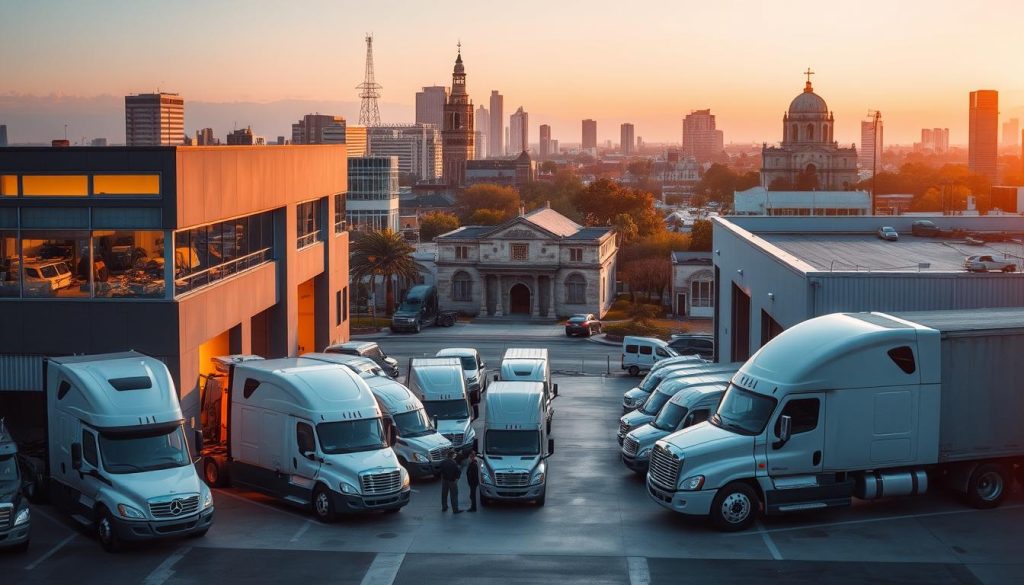 Two modern, state-of-the-art auto repair facilities in San Antonio, Texas, set against a backdrop of the city's vibrant skyline. In the foreground, a fleet of well-maintained commercial vehicles are being serviced by a team of skilled technicians. The facilities are bathed in warm, natural lighting, creating a welcoming atmosphere. In the middle ground, the buildings feature sleek, contemporary architecture with large windows, showcasing the professionalism and attention to detail of the operations. The background is filled with the iconic landmarks of San Antonio, including the Tower of the Americas and the historic Mission San José, reflecting the rich cultural heritage of the city. The overall scene conveys a sense of efficiency, reliability, and commitment to serving the needs of local businesses with their fleet collision repair requirements.