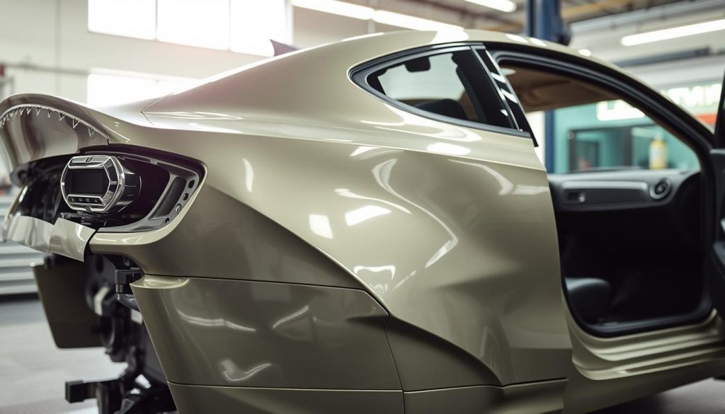 a collision repair vehicle in a well-lit auto shop, with a shiny, freshly painted exterior reflecting the overhead lighting, the bodywork meticulously repaired with precision, and the interior visible through the open driver's side door, showcasing the care and attention put into restoring the vehicle to its former glory. The scene conveys a sense of professionalism and attention to detail, emphasizing the high-quality craftsmanship that can raise the value of a car after a collision.