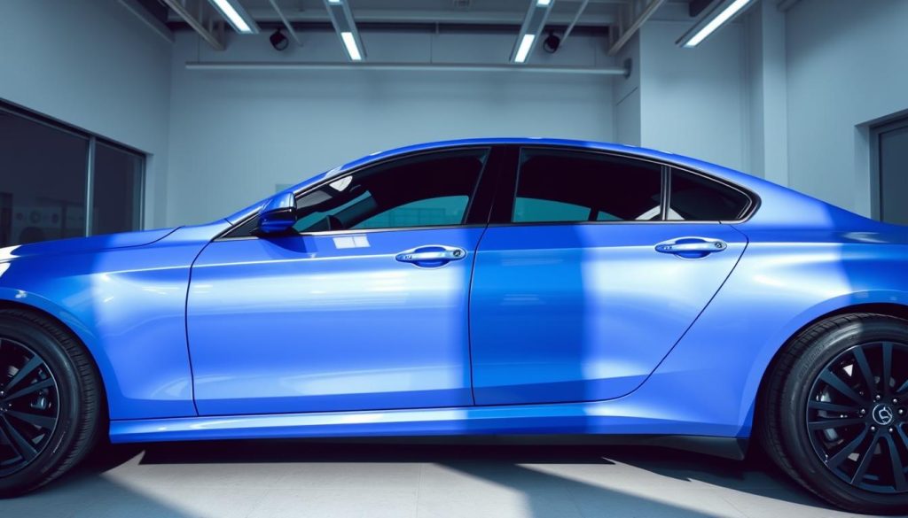 a pristine, glossy-painted vehicle in a well-lit, modern auto showroom setting. the car's vivid, expertly-matched paint color reflects the showroom's bright lighting, highlighting the vehicle's high-quality finish. the car is positioned in the center of the frame, with a clean, uncluttered background that emphasizes the paint's flawless, uniform appearance. the lighting is soft and directional, casting subtle shadows that accentuate the vehicle's contours and bodylines. the angle is slightly elevated, providing a 3/4 view that showcases the entire side profile. the overall mood is one of sleek, sophisticated elegance, conveying the idea of a meticulous, high-value paintjob that preserves a vehicle's resale appeal.