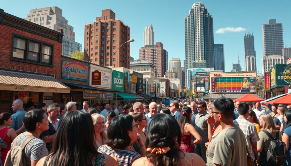 A bustling urban setting, with a diverse community gathered in a vibrant public space. In the foreground, a group of people of all ages and backgrounds engage in lively conversation, gesturing animatedly. The middle ground features a mix of local businesses, their storefronts adorned with colorful signs and awnings, creating a sense of economic vitality. In the background, towering buildings and a clear blue sky suggest a thriving metropolitan area. The lighting is warm and inviting, casting a soft glow over the scene and conveying a mood of inclusive community spirit and civic pride. A wide-angle lens captures the energy and interconnectedness of this vibrant urban landscape. A bustling urban setting, with a diverse community gathered in a vibrant public space. In the foreground, a group of people of all ages and backgrounds engage in lively conversation, gesturing animatedly. The middle ground features a mix of local businesses, their storefronts adorned with colorful signs and awnings, creating a sense of economic vitality. In the background, towering buildings and a clear blue sky suggest a thriving metropolitan area. The lighting is warm and inviting, casting a soft glow over the scene and conveying a mood of inclusive community spirit and civic pride. A wide-angle lens captures the energy and interconnectedness of this vibrant urban landscape.