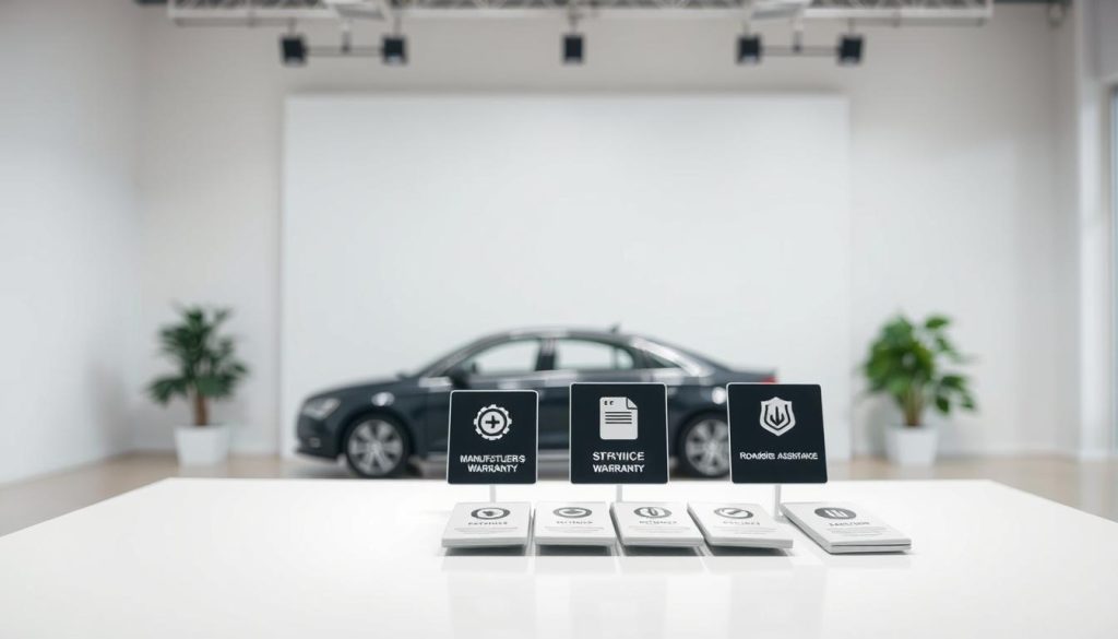 A clean, well-lit room with a simple white backdrop. In the foreground, a sleek, modern table displays a neatly arranged selection of common warranty categories: manufacturer's warranty, extended warranty, service contract, and roadside assistance. The items are presented in a logical, organized manner, each with a distinct icon or symbol to convey its meaning. The middle ground features a subtle, slightly out-of-focus perspective, drawing the viewer's attention to the table. The background is softly blurred, creating a sense of depth and focus. The overall mood is professional, informative, and visually appealing, suitable for illustrating the "Main warranty categories you'll encounter after a collision" section of the article.