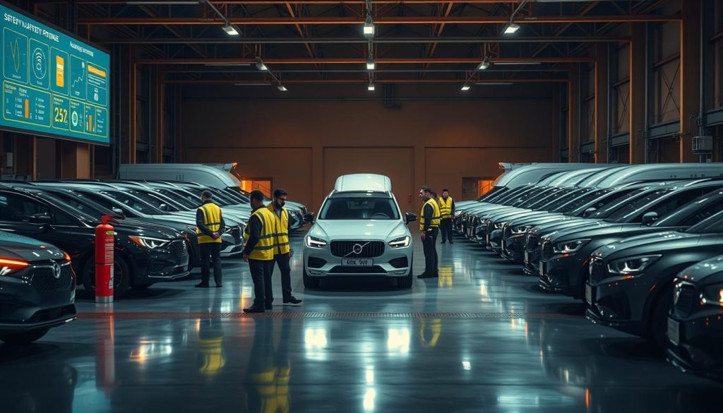 A fleet of sleek, modern vehicles parked in a well-lit, spacious garage. The scene is illuminated by warm, diffused lighting, casting soft shadows and highlighting the contours of the vehicles. In the foreground, a group of employees in high-visibility safety vests are inspecting the vehicles, while in the background, a digital display showcases safety protocols and performance metrics. The middle ground features an array of safety equipment, including reflective signage, fire extinguishers, and first-aid kits, creating a comprehensive and organized safety program. The overall atmosphere conveys a sense of professionalism, attention to detail, and a strong commitment to fleet safety. A fleet of sleek, modern vehicles parked in a well-lit, spacious garage. The scene is illuminated by warm, diffused lighting, casting soft shadows and highlighting the contours of the vehicles. In the foreground, a group of employees in high-visibility safety vests are inspecting the vehicles, while in the background, a digital display showcases safety protocols and performance metrics. The middle ground features an array of safety equipment, including reflective signage, fire extinguishers, and first-aid kits, creating a comprehensive and organized safety program. The overall atmosphere conveys a sense of professionalism, attention to detail, and a strong commitment to fleet safety.