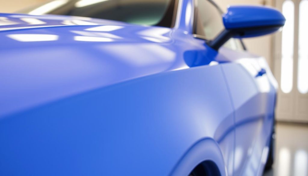 A freshly painted car panel glistens under the warm, diffused light of a professional photo studio. The smooth, even surface reflects the camera's lens, capturing the vibrant hue of the new paint with clarity and depth. In the foreground, fine details like the subtle texture of the clearcoat and the precision of the panel's edges come into focus, while the background fades into a soft, complementary blur. The overall mood is one of quality, craftsmanship, and the pride of a job well done - a visual representation of the care and attention required to achieve a flawless paint finish.