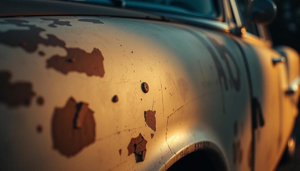 A heavily weathered and worn automobile exterior, partially obscured by a soft, hazy focus. The paint appears to be chipped, faded, and unevenly discolored, reflecting years of neglect and exposure to the elements. The lighting is subdued, with a warm, golden hue casting gentle shadows that accentuate the texture of the surface. The camera is positioned at a low angle, emphasizing the sense of age and deterioration. The background is blurred, keeping the attention firmly on the condition of the vehicle's body. This image conveys the need for professional paint restoration to revive the vehicle's former glory.