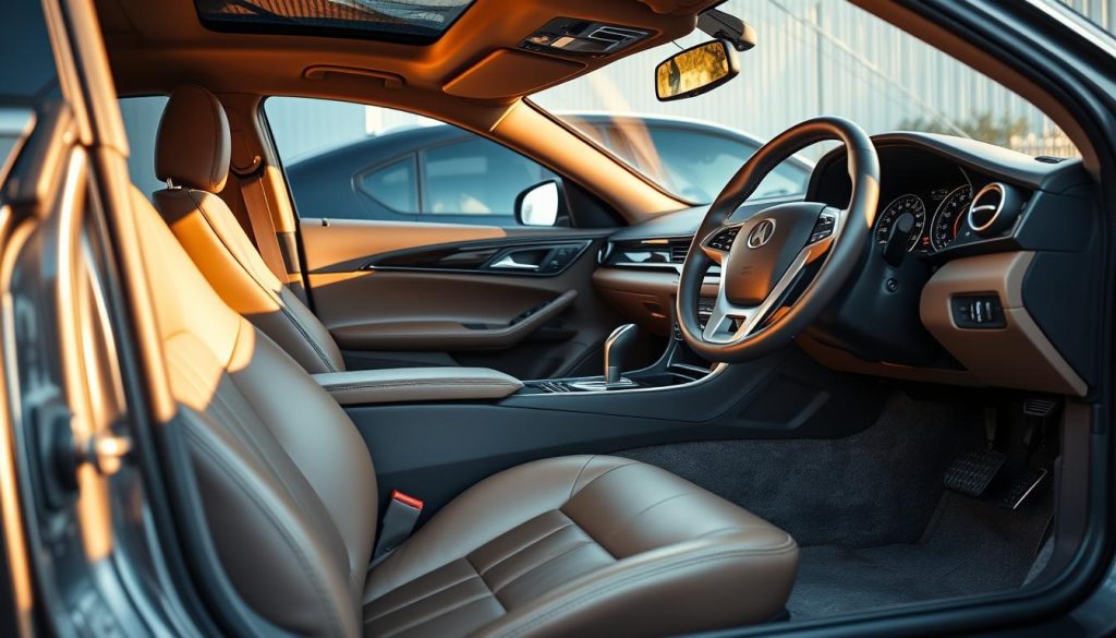 A meticulously detailed car interior with impeccably clean leather seats, polished chrome accents, and a freshly vacuumed carpet. Soft, warm lighting casts a gentle glow, highlighting the immaculate condition of the dashboard and center console. The steering wheel gleams, its surface smooth and unblemished. In the background, the exterior of the vehicle reflects the surroundings, a testament to the care and attention lavished upon it. This image conveys the culmination of a thorough collision repair process, where every aspect of the vehicle has been restored to its former pristine state, leaving no detail overlooked.