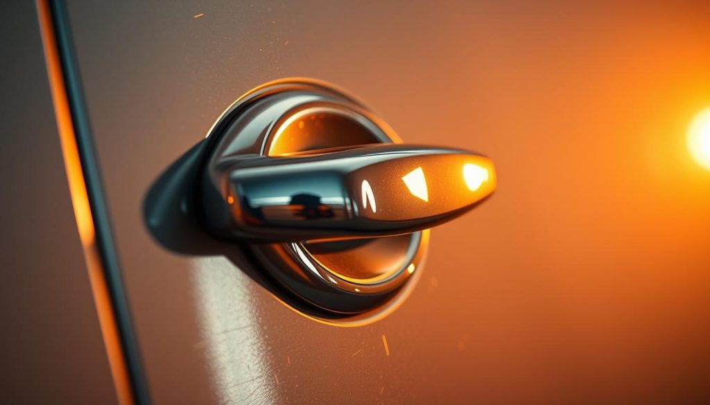 A meticulously detailed close-up of a car door handle and surrounding area, illuminated by a warm, golden light that casts a soft, diffused glow. The metal surfaces are polished to a mirror-like sheen, reflecting the delicate interplay of light and shadow. Minuscule scratches and imperfections are gradually fading away, as if magically erased by a restorative process. The overall atmosphere conveys a sense of revitalization and renewed luster, capturing the essence of a vehicle reclaiming its former glory.