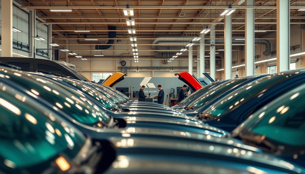 A professional automotive fleet service center, with rows of well-maintained vehicles in the foreground, their glossy exteriors reflecting the warm, diffused lighting from overhead. In the middle ground, skilled technicians diligently working on various repairs, their tools and diagnostic equipment neatly organized. The background showcases a modern, state-of-the-art facility with high ceilings, clean workspaces, and a welcoming reception area. The scene conveys a sense of efficiency, attention to detail, and a commitment to providing reliable, high-quality fleet maintenance and repair services.