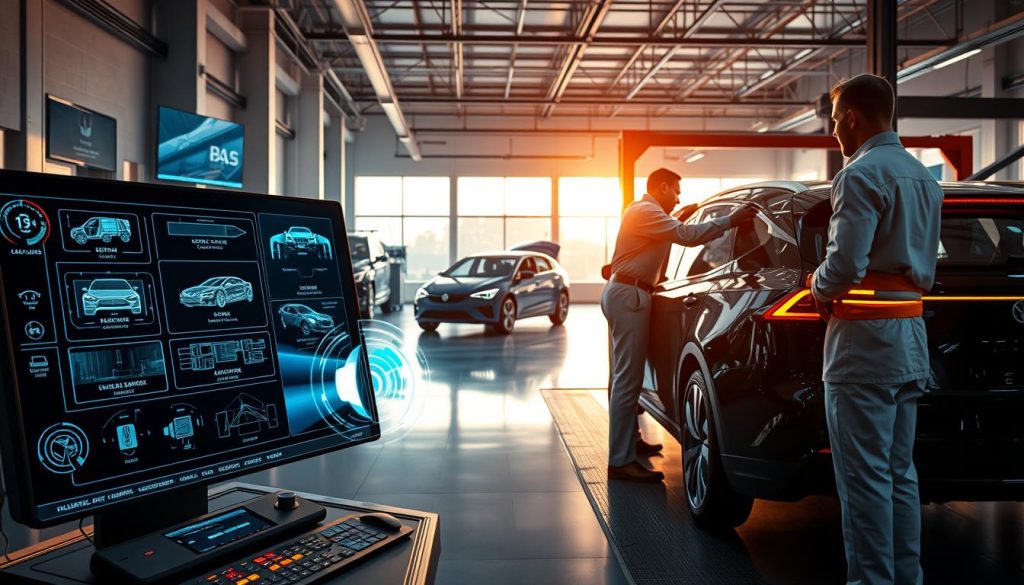 A sleek, modern automotive repair shop interior, bathed in warm, natural lighting from large windows. In the foreground, a high-tech diagnostic console displays various ADAS safety systems, their calibration processes depicted in vivid, holographic visualizations. Technicians in crisp, clean uniforms carefully inspect and align sensors, cameras, and radar modules on a late-model electric vehicle, ensuring precision and safety. In the middle ground, the latest generation of ADAS-enabled vehicles await their turn, their advanced safety features ready to be recalibrated and restored to factory specifications. The background showcases state-of-the-art repair equipment and tools, reflecting the industry's transformation towards a more technology-driven, meticulous collision repair process. A sleek, modern automotive repair shop interior, bathed in warm, natural lighting from large windows. In the foreground, a high-tech diagnostic console displays various ADAS safety systems, their calibration processes depicted in vivid, holographic visualizations. Technicians in crisp, clean uniforms carefully inspect and align sensors, cameras, and radar modules on a late-model electric vehicle, ensuring precision and safety. In the middle ground, the latest generation of ADAS-enabled vehicles await their turn, their advanced safety features ready to be recalibrated and restored to factory specifications. The background showcases state-of-the-art repair equipment and tools, reflecting the industry's transformation towards a more technology-driven, meticulous collision repair process.