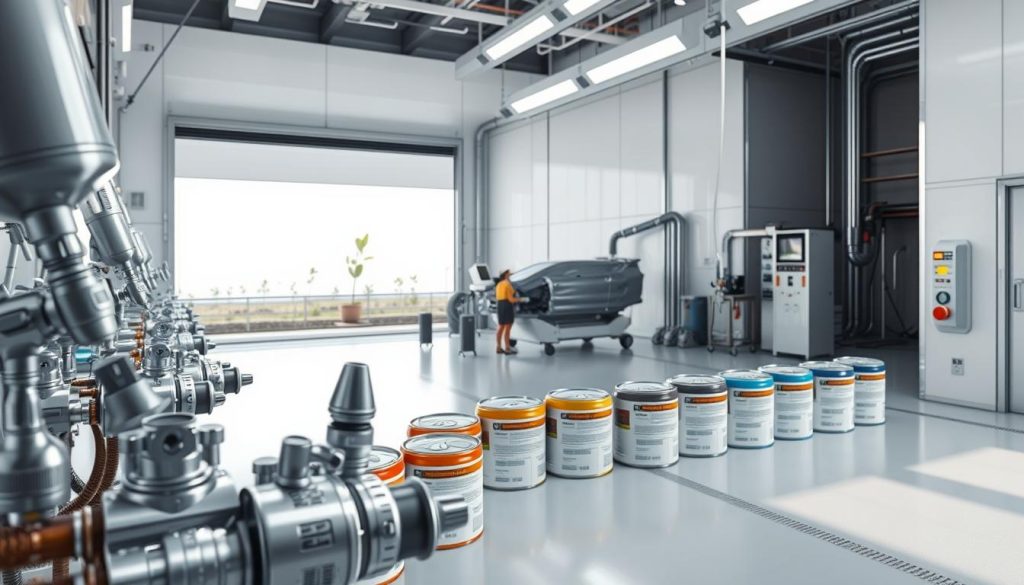 A sleek, modern paint booth with a bright, even illumination that evokes a sense of precision and professionalism. The foreground showcases a variety of high-tech paint sprayers, nozzles, and mixing stations in shades of silver and white, reflecting the advanced nature of the refinish system. The middle ground features an array of color-matched paint canisters, each with detailed labeling, suggesting a wide range of customization options. In the background, a large, floor-to-ceiling window provides a glimpse of the future, revealing a sustainable, eco-friendly collision repair facility with renewable energy sources and innovative repair processes. The overall atmosphere is one of technological innovation, environmental consciousness, and a commitment to excellence in the collision repair industry. A sleek, modern paint booth with a bright, even illumination that evokes a sense of precision and professionalism. The foreground showcases a variety of high-tech paint sprayers, nozzles, and mixing stations in shades of silver and white, reflecting the advanced nature of the refinish system. The middle ground features an array of color-matched paint canisters, each with detailed labeling, suggesting a wide range of customization options. In the background, a large, floor-to-ceiling window provides a glimpse of the future, revealing a sustainable, eco-friendly collision repair facility with renewable energy sources and innovative repair processes. The overall atmosphere is one of technological innovation, environmental consciousness, and a commitment to excellence in the collision repair industry.