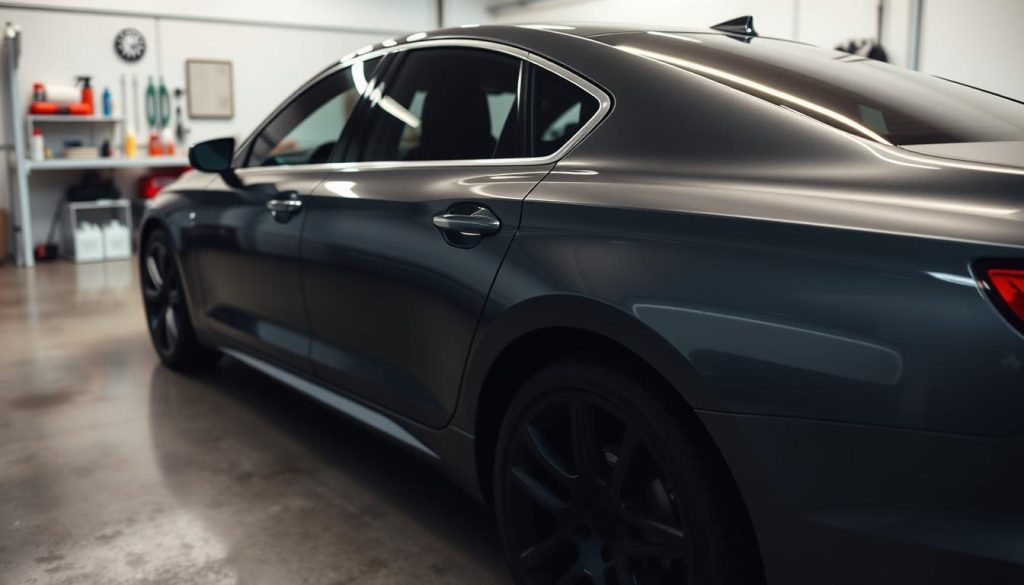 A sleek, modern sedan parked in a well-lit garage, its glossy finish gleaming under soft, even lighting. The vehicle's exterior is protected by a layer of high-quality paint protection film, creating a crystal-clear barrier that shields the paintwork from nicks, scratches, and environmental damage. The film's subtle texture and seamless application blend effortlessly with the car's original paint, preserving its showroom-fresh appearance. In the background, a selection of car care products and tools suggests the owner's dedication to maintaining the vehicle's pristine condition, reflecting the long-term protection and timeless appeal of a well-cared-for automobile.