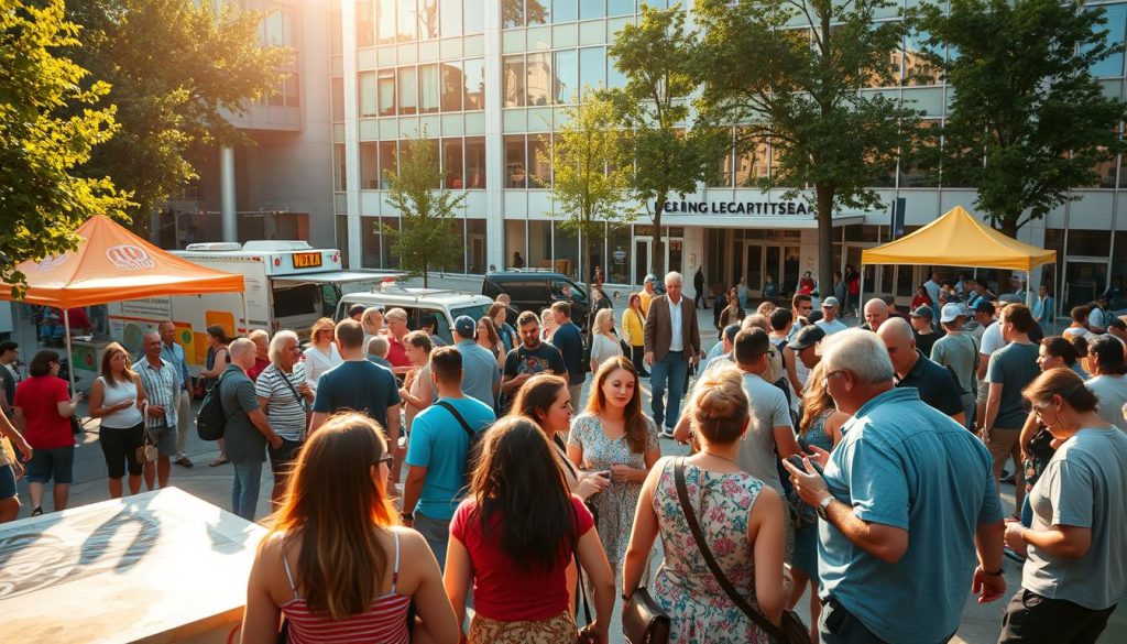 A vibrant community event unfolding in a bustling public square. In the foreground, a diverse group of people engaged in lively conversation, sharing ideas and collaborating on an interactive art project. The middle ground features a mix of vendors, food trucks, and lively musical performances, creating an atmosphere of energy and celebration. In the background, a modern civic building with large windows and an inviting entrance, symbolizing the partnership between the community and local institutions. Warm afternoon sunlight filters through, casting a golden glow over the scene and highlighting the sense of connection, cooperation, and civic pride. A vibrant community event unfolding in a bustling public square. In the foreground, a diverse group of people engaged in lively conversation, sharing ideas and collaborating on an interactive art project. The middle ground features a mix of vendors, food trucks, and lively musical performances, creating an atmosphere of energy and celebration. In the background, a modern civic building with large windows and an inviting entrance, symbolizing the partnership between the community and local institutions. Warm afternoon sunlight filters through, casting a golden glow over the scene and highlighting the sense of connection, cooperation, and civic pride.