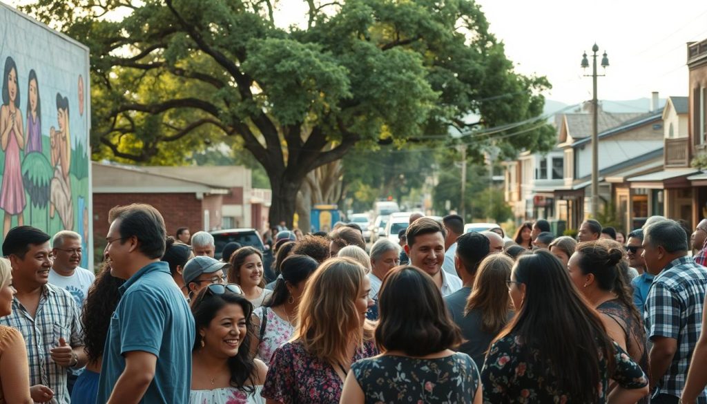 A vibrant community gathering in a lively San Antonio neighborhood. In the foreground, a diverse group of residents interacting and engaging with one another, their expressions warm and welcoming. In the middle ground, a mural adorns the side of a building, its colorful imagery reflecting the vibrant local culture. The background features a tree-lined street, with homes and small businesses creating a sense of neighborhood unity. Soft, natural lighting bathes the scene, conveying a feeling of togetherness and civic pride. An image that captures the essence of community engagement that strengthens San Antonio's residents and neighborhoods. A vibrant community gathering in a lively San Antonio neighborhood. In the foreground, a diverse group of residents interacting and engaging with one another, their expressions warm and welcoming. In the middle ground, a mural adorns the side of a building, its colorful imagery reflecting the vibrant local culture. The background features a tree-lined street, with homes and small businesses creating a sense of neighborhood unity. Soft, natural lighting bathes the scene, conveying a feeling of togetherness and civic pride. An image that captures the essence of community engagement that strengthens San Antonio's residents and neighborhoods.