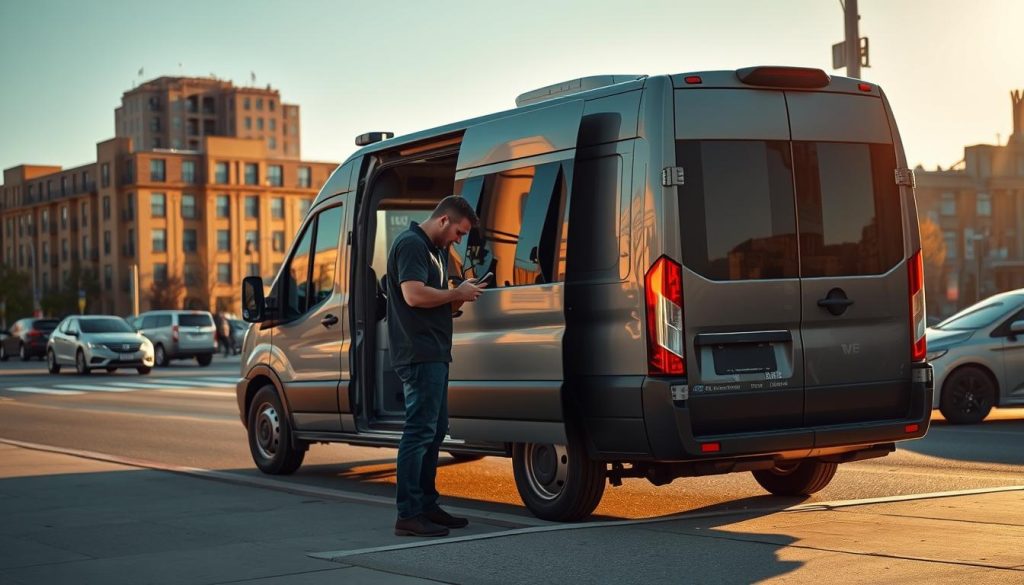 A vibrant street scene with a mobile repair van parked curbside, its rear doors open to reveal a technician servicing a customer's smartphone. In the foreground, the customer, dressed casually, watches intently as the tech performs diagnostics using a handheld device. The middle ground features the van's sleek, modern design in muted tones, complemented by a backdrop of city buildings and a clear, sunlit sky. Warm, diffused lighting creates a sense of approachability and efficiency, reflecting the "always-on" nature of the mobile repair service. The composition emphasizes the convenience and on-demand accessibility of this futuristic automotive collision repair experience. A vibrant street scene with a mobile repair van parked curbside, its rear doors open to reveal a technician servicing a customer's smartphone. In the foreground, the customer, dressed casually, watches intently as the tech performs diagnostics using a handheld device. The middle ground features the van's sleek, modern design in muted tones, complemented by a backdrop of city buildings and a clear, sunlit sky. Warm, diffused lighting creates a sense of approachability and efficiency, reflecting the "always-on" nature of the mobile repair service. The composition emphasizes the convenience and on-demand accessibility of this futuristic automotive collision repair experience.