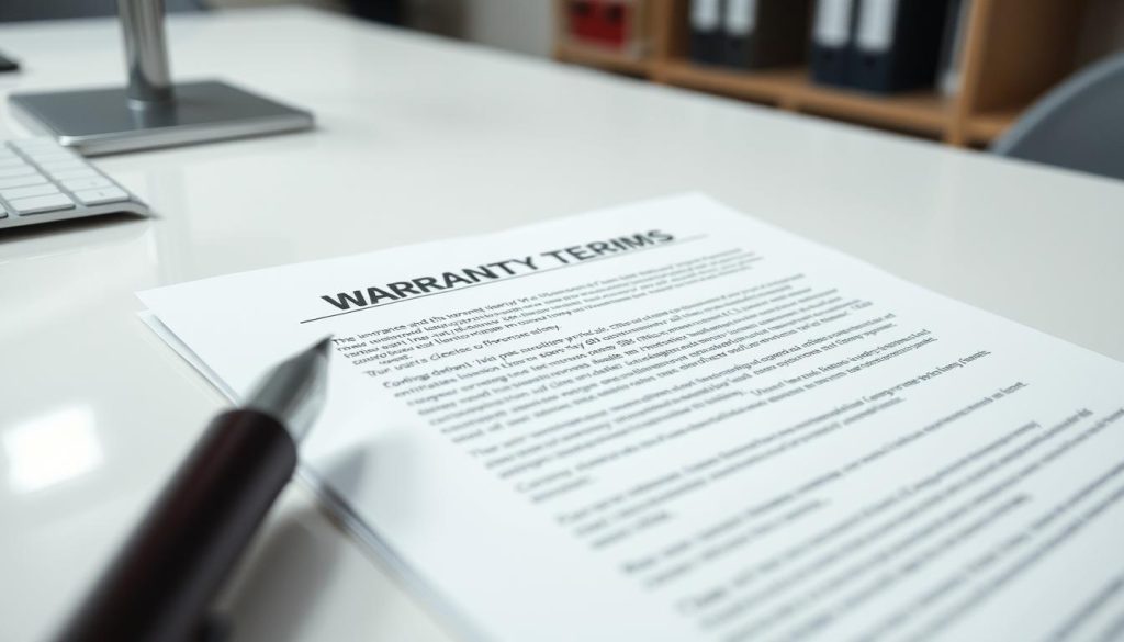 A well-lit, detailed close-up view of a set of warranty terms and conditions documents lying on a clean, flat surface. The documents are crisp, with clear, legible text and a formal, legal appearance. The background is slightly blurred, creating a sense of focus on the important details. Subtle hints of a professional office environment, such as a desk or shelves, can be seen in the periphery, suggesting the context of the warranty information. The overall mood is one of seriousness, precision, and the importance of understanding the warranty details.