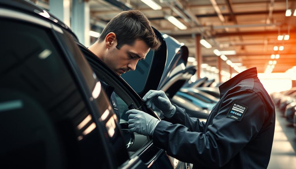 A well-lit, high-quality image showcasing an automotive repair shop interior. In the foreground, a technician in a uniform carefully inspecting a car's ADAS (Advanced Driver Assistance Systems) components, recalibrating sensors with precision tools. In the middle ground, a collection of OEM (Original Equipment Manufacturer) certified parts and equipment, emphasizing the importance of genuine replacement parts. The background features rows of cars awaiting repair, conveying the professionalism and expertise of the OEM-certified facility. The overall atmosphere is one of diligence, attention to detail, and a commitment to protecting the integrity of the vehicle's warranty.