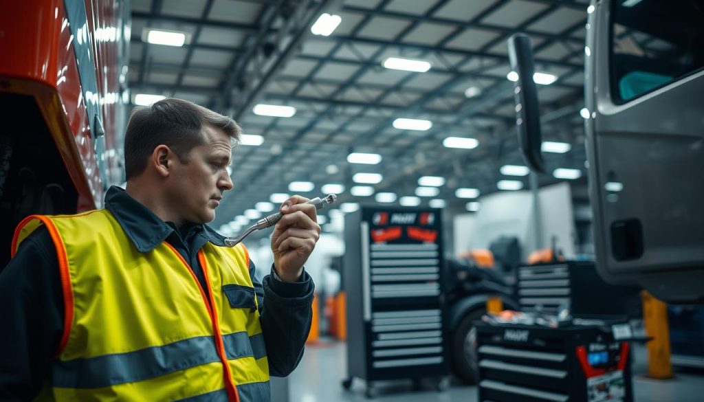 A well-lit industrial workshop, with a skilled technician performing routine maintenance on a commercial vehicle. The foreground shows the technician in a safety vest, using a torque wrench to inspect critical components. In the middle ground, a neatly organized tool cabinet and workbench, conveying a sense of order and attention to detail. The background features high ceilings, overhead lighting, and the faint outlines of other vehicles, suggesting a bustling, productive environment. The overall mood is one of professionalism, safety, and a commitment to keeping fleets in top operating condition. A well-lit industrial workshop, with a skilled technician performing routine maintenance on a commercial vehicle. The foreground shows the technician in a safety vest, using a torque wrench to inspect critical components. In the middle ground, a neatly organized tool cabinet and workbench, conveying a sense of order and attention to detail. The background features high ceilings, overhead lighting, and the faint outlines of other vehicles, suggesting a bustling, productive environment. The overall mood is one of professionalism, safety, and a commitment to keeping fleets in top operating condition.