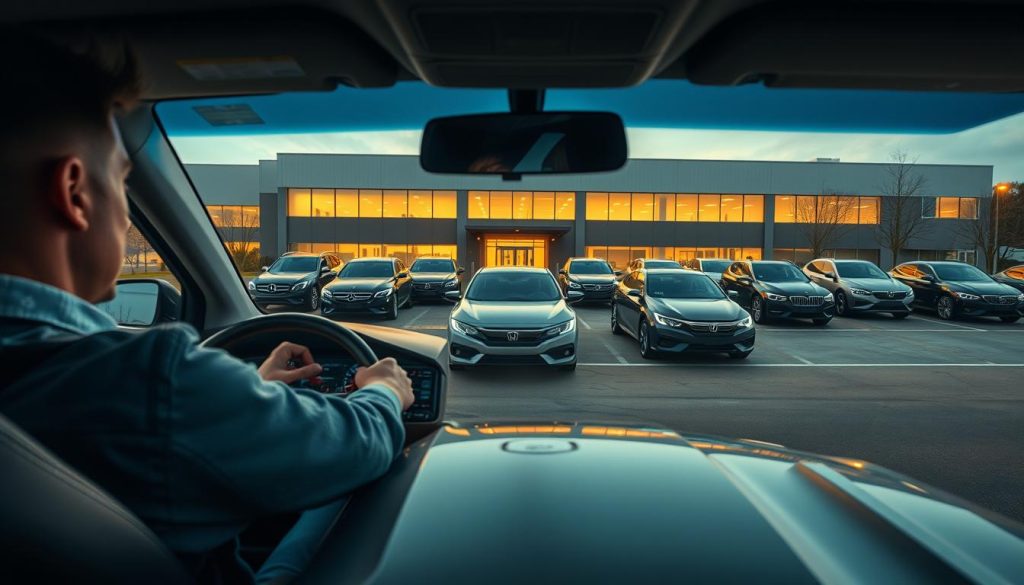A well-lit, realistic scene of a driver training session in progress. In the foreground, an instructor sits beside a student driver as they navigate a suburban street, their hands on the steering wheel, eyes intently focused. The middle ground features a fleet of late-model sedans and SUVs, each with prominent company branding, arranged in an organized parking lot. In the background, a modern warehouse-style building with large windows and a welcoming entrance conveys the sense of a professional, well-equipped driver training facility. Warm, diffused lighting creates a calm, confident atmosphere, underscoring the importance of proper driver education and safe driving practices. A well-lit, realistic scene of a driver training session in progress. In the foreground, an instructor sits beside a student driver as they navigate a suburban street, their hands on the steering wheel, eyes intently focused. The middle ground features a fleet of late-model sedans and SUVs, each with prominent company branding, arranged in an organized parking lot. In the background, a modern warehouse-style building with large windows and a welcoming entrance conveys the sense of a professional, well-equipped driver training facility. Warm, diffused lighting creates a calm, confident atmosphere, underscoring the importance of proper driver education and safe driving practices.