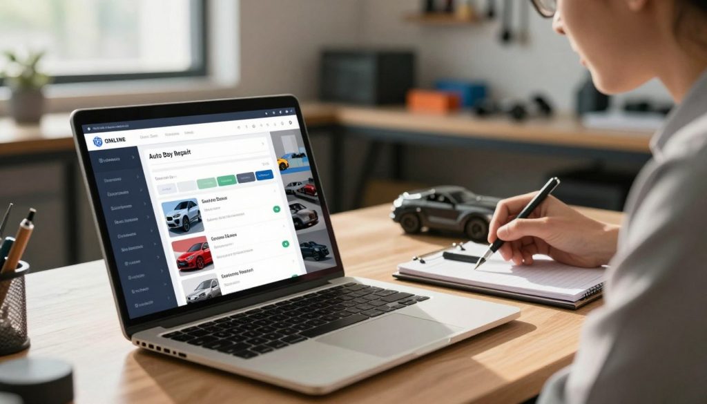 A sleek, modern laptop displaying an intuitive online auto body repair estimate tool on its screen, prominently placed on a well-organized work desk in the foreground. The laptop is open to a user-friendly interface, showcasing a form for inputting vehicle details with vivid graphics of car parts and damage areas. In the middle ground, a professional-looking individual in business casual attire is thoughtfully reviewing the estimates on the laptop, with a notepad and pen nearby. In the background, there is a soft-focus workshop setting with tools and automotive equipment subtly blurred, enhancing the atmosphere of a repair environment. Warm, natural lighting streams in from a nearby window, creating a welcoming and focused mood. The angle captures both the laptop screen and the individual, emphasizing the convenience of using online tools for accurate auto body estimates.