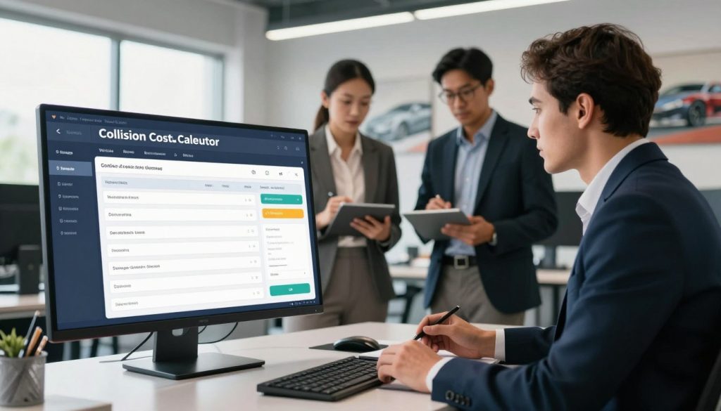 A sleek, modern workspace featuring a collision cost calculator interface displayed on a large screen in the foreground. The calculator showcases various input fields such as vehicle details, damage assessment options, and cost estimates, all filled out in a user-friendly design. In the middle ground, a diverse team of three professionals in business attire are collaborating, examining the calculator while taking notes on tablets and discussing details. The background includes an open office environment with bright, natural lighting streaming through large windows, displaying abstract automotive-themed art on the walls. The atmosphere is focused and collaborative, evoking a sense of efficiency and professionalism in the auto body repair industry, with an emphasis on technology and precision in estimating repair costs.
