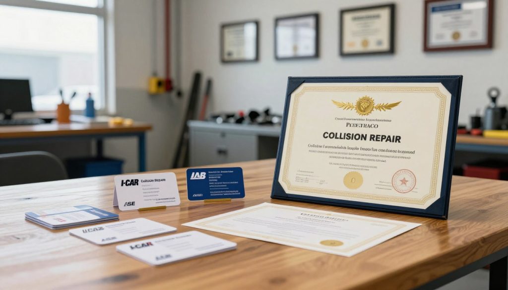 A visually engaging composition featuring a collection of key collision repair certifications laid out on a polished wooden table. In the foreground, focus on a glossy, certificate with gold foil detailing, symbolizing excellence in the industry. Beside it, a set of professional business cards reflecting various certifications, such as I-CAR and ASE, showcasing their logos. In the middle ground, a bright, well-lit workshop environment can be seen, with tools and equipment hinting at collision repair work. The background features a wall displaying framed certification badges to convey authority. Use soft, diffused natural lighting to create an atmosphere of professionalism and trustworthiness. The image should evoke a sense of skill, competence, and industry standards.