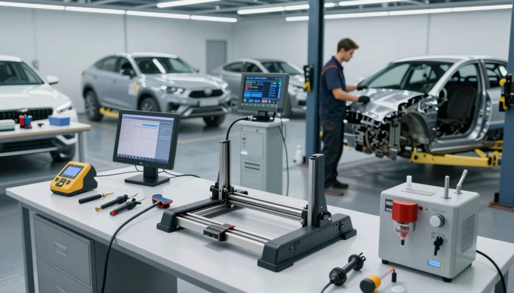 A well-lit modern auto body shop featuring an array of collision repair tools on a clean, organized workbench. In the foreground, high-quality tools including a laser measuring system, a computerized frame straightener, and a professional paint mixing station. The middle ground showcases a technician wearing a professional outfit, intently examining a car's damaged panel, surrounded by electronic diagnostic equipment and hydraulic lifts. In the background, a brightly lit workshop area with several cars in various stages of repair, showcasing a blend of technology and craftsmanship. The atmosphere is professional and efficient, emphasizing cleanliness and attention to detail, with soft ambient lighting highlighting the tools and equipment. The angle should offer a dynamic view that captures the essence of modern collision repair techniques.